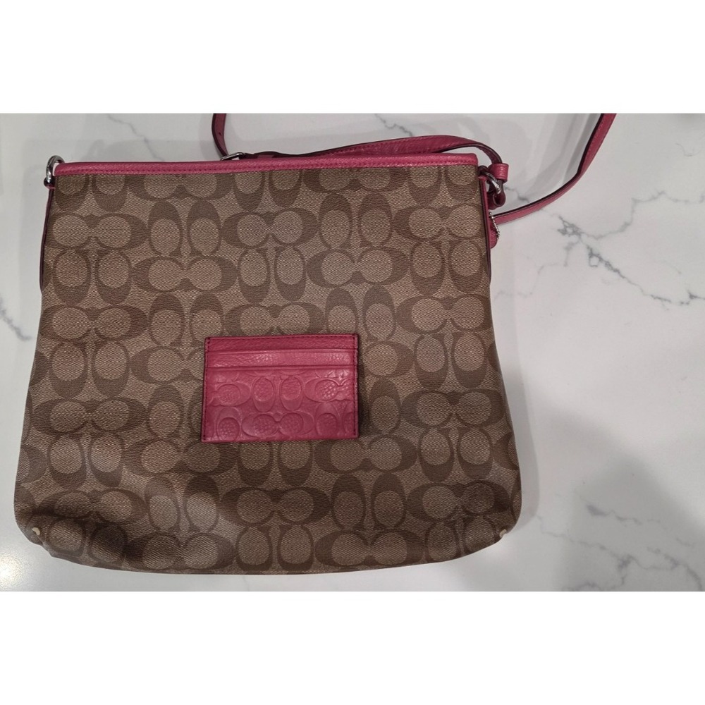 Coach Signature File Crossbody Bag Khaki Pink Canvas Leather F34938 Medium